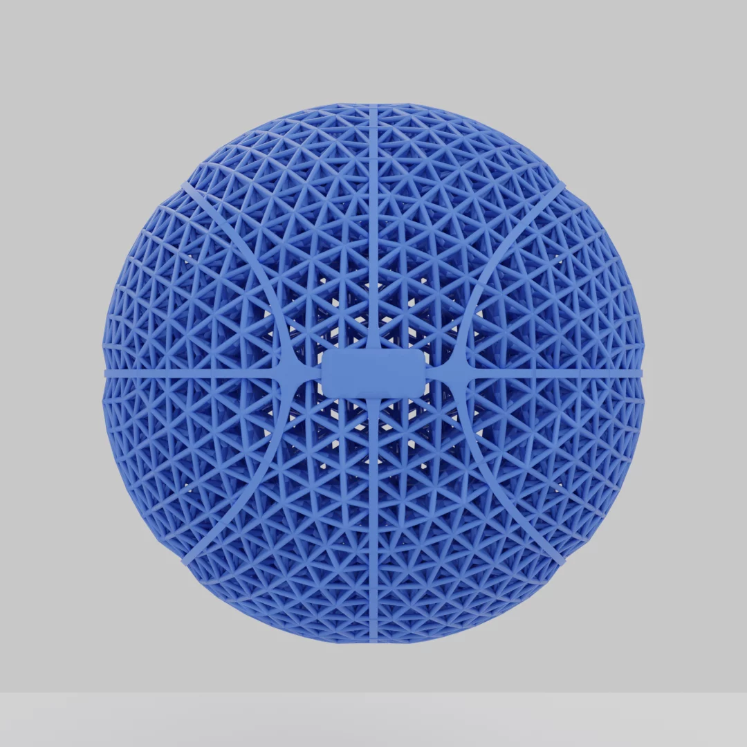 Tri lattice basketball variant in blue, triangular truss structure, catalog render on white background