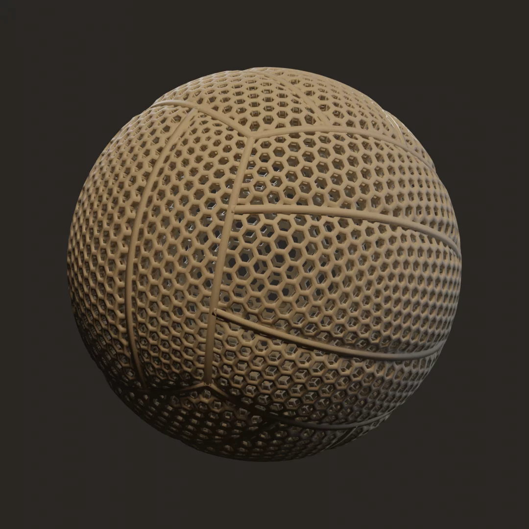 Airless volleyball concept, hex lattice with volleyball panel seams, studio render on dark background