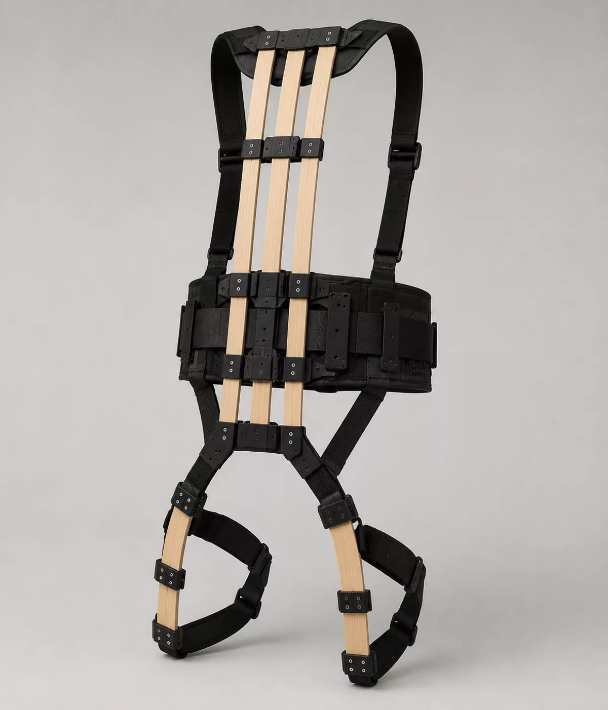Passive exoskeleton suit prototype — leaf-spring frame with black harness