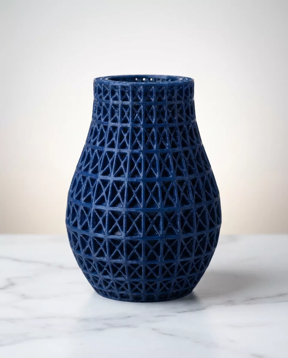 NITE Weave — indigo woven craft lamp, 3D-printed